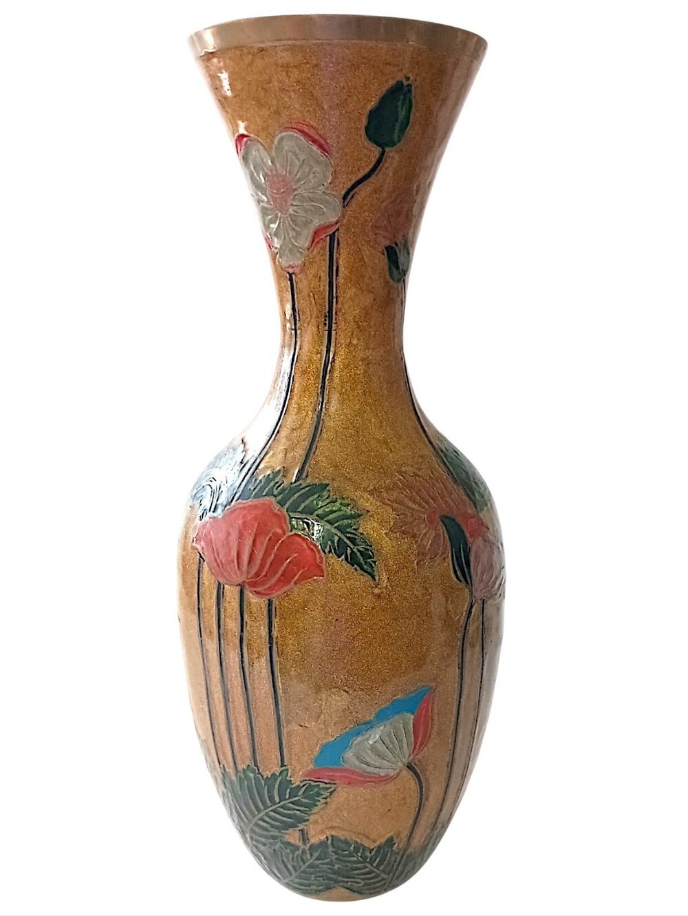 Vintage Enameled Brass Vase LARGE Cloisonne Champleve Ornate Etched Floral READ - Picture 14 of 16